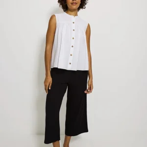 White Button Through Gathered Crinkle Blouse